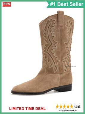 Suede Western Mid-Top Pull-On Boot Almond Toe Stacked Heel Calf High